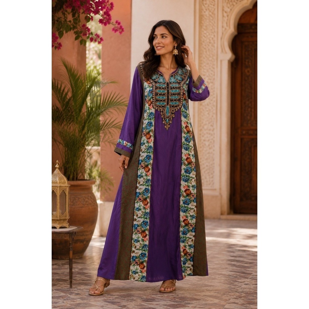 Pakistani Embroidered Floral Maxi Dress Purple Long Sleeve Women's S Boho